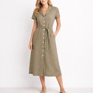 Button-Front Linen Midi Dress with Tie Waist - Olive